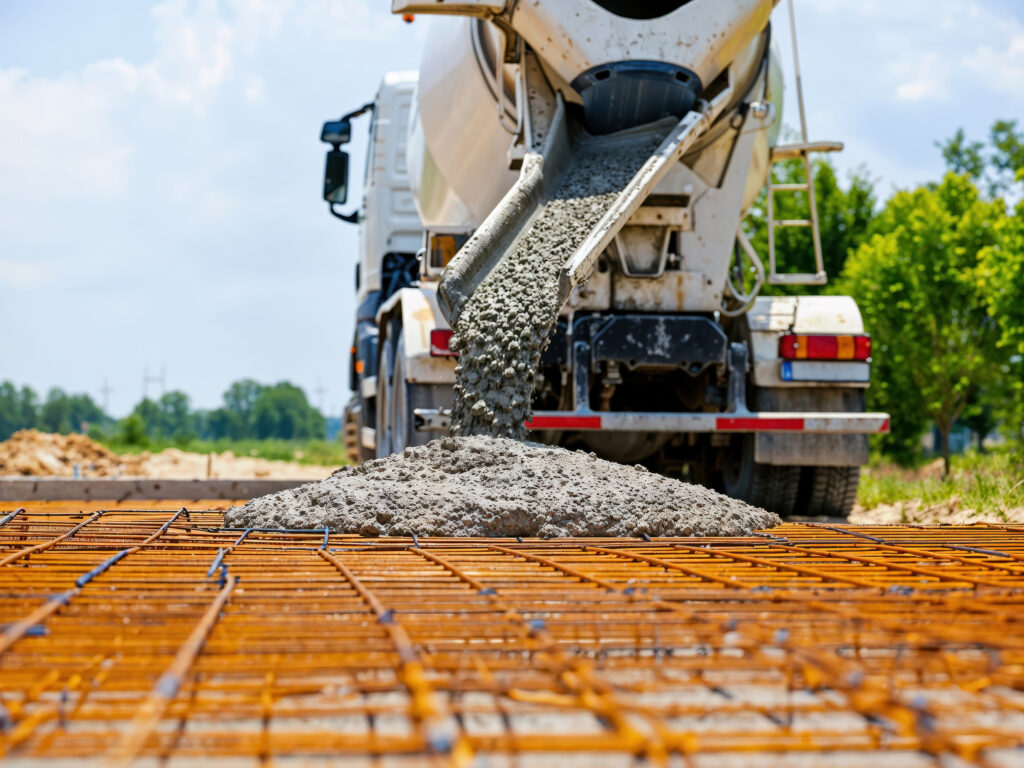 A concrete truck mid-pour