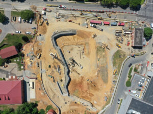 Aerial view of the subsurface preparation at the Crystal Spring Tower construction site